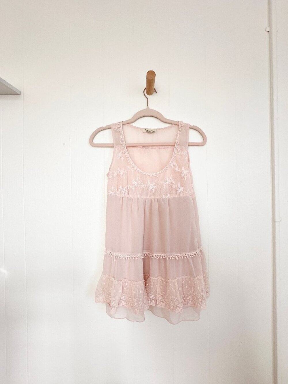 Vintage Y2K Blush Pink Sheer Lace Floral Cutout Side Zip Cami Tank Top XS